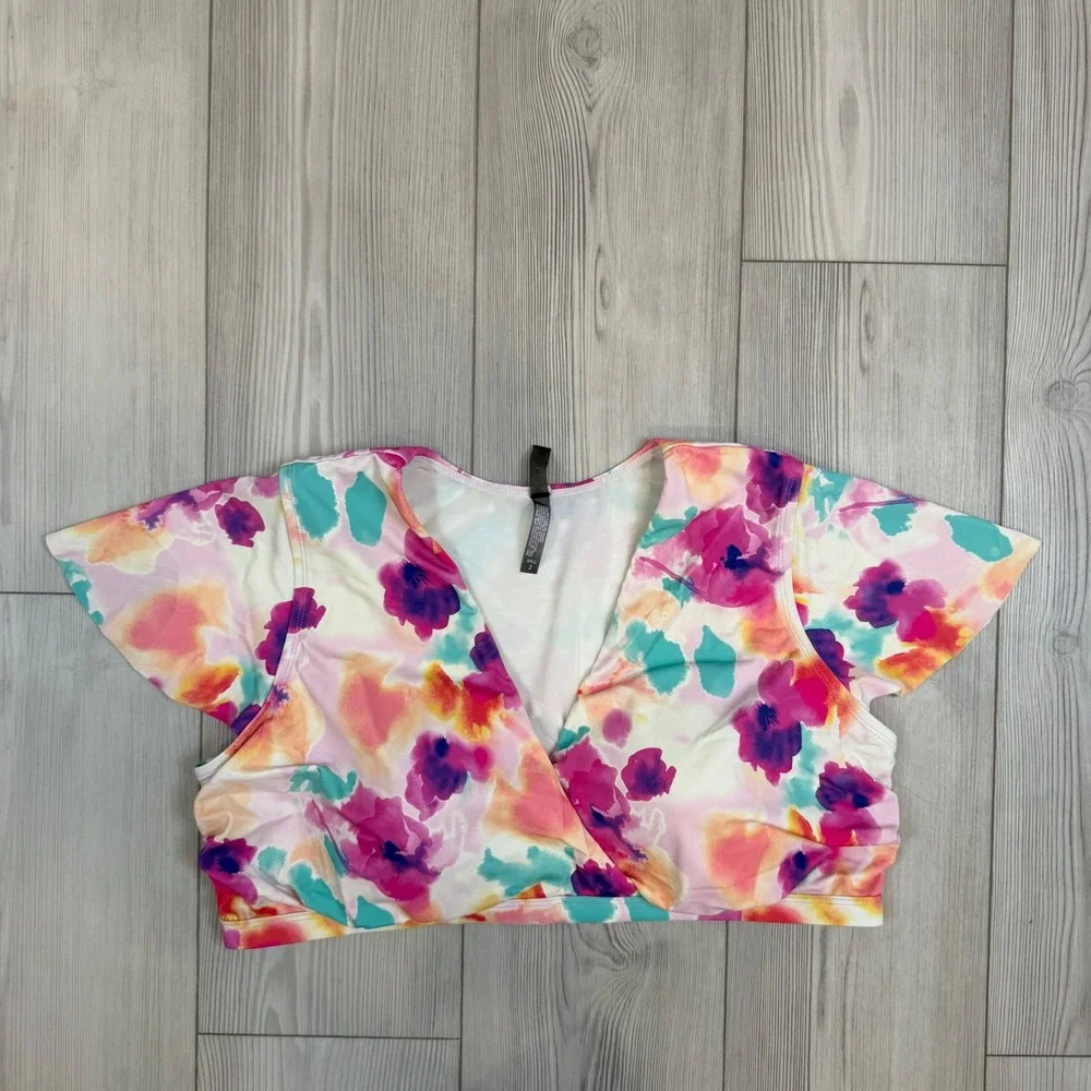 Torrid Watercolor Floral Flutter Sleeve Bikini Swim Top Pink Purple Size 3 Plus